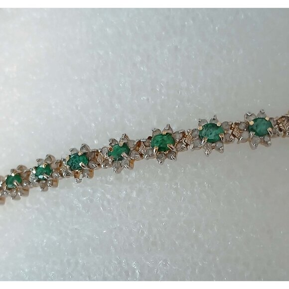14K Yellow Gold Emerald & Diamond Link Bracelet - Picture 2 of 13